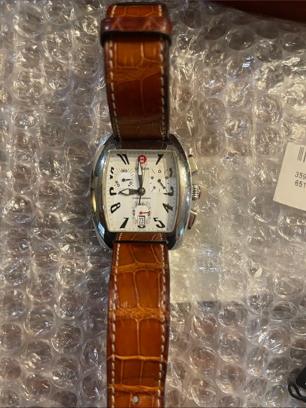 NWT Michele Urban Chronograph Brown Leather Strap Stainless Watch with White Dia
